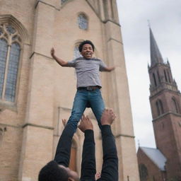 A young man being lifted in the air by another person in front of an old church with a towering steeple and stain glass windows.