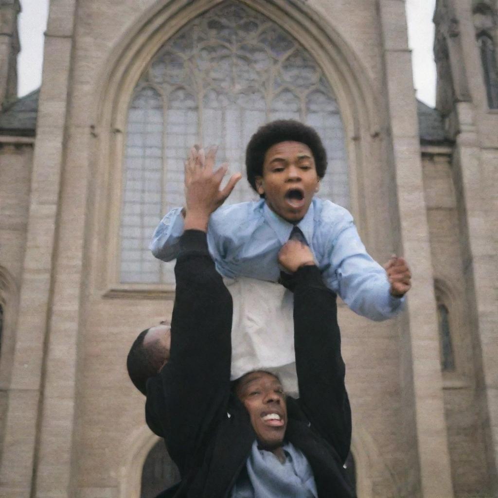 A young man being lifted in the air by another person in front of an old church with a towering steeple and stain glass windows.