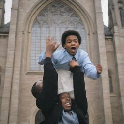 A young man being lifted in the air by another person in front of an old church with a towering steeple and stain glass windows.