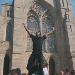 A young man being lifted in the air by another person in front of an old church with a towering steeple and stain glass windows.