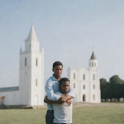 A young man being held up by another person, with a distant church providing a serene backdrop.