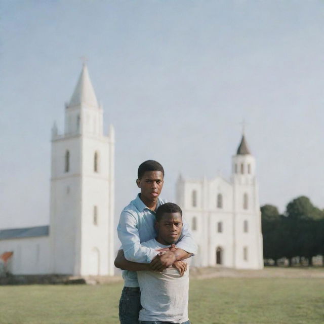 A young man being held up by another person, with a distant church providing a serene backdrop.