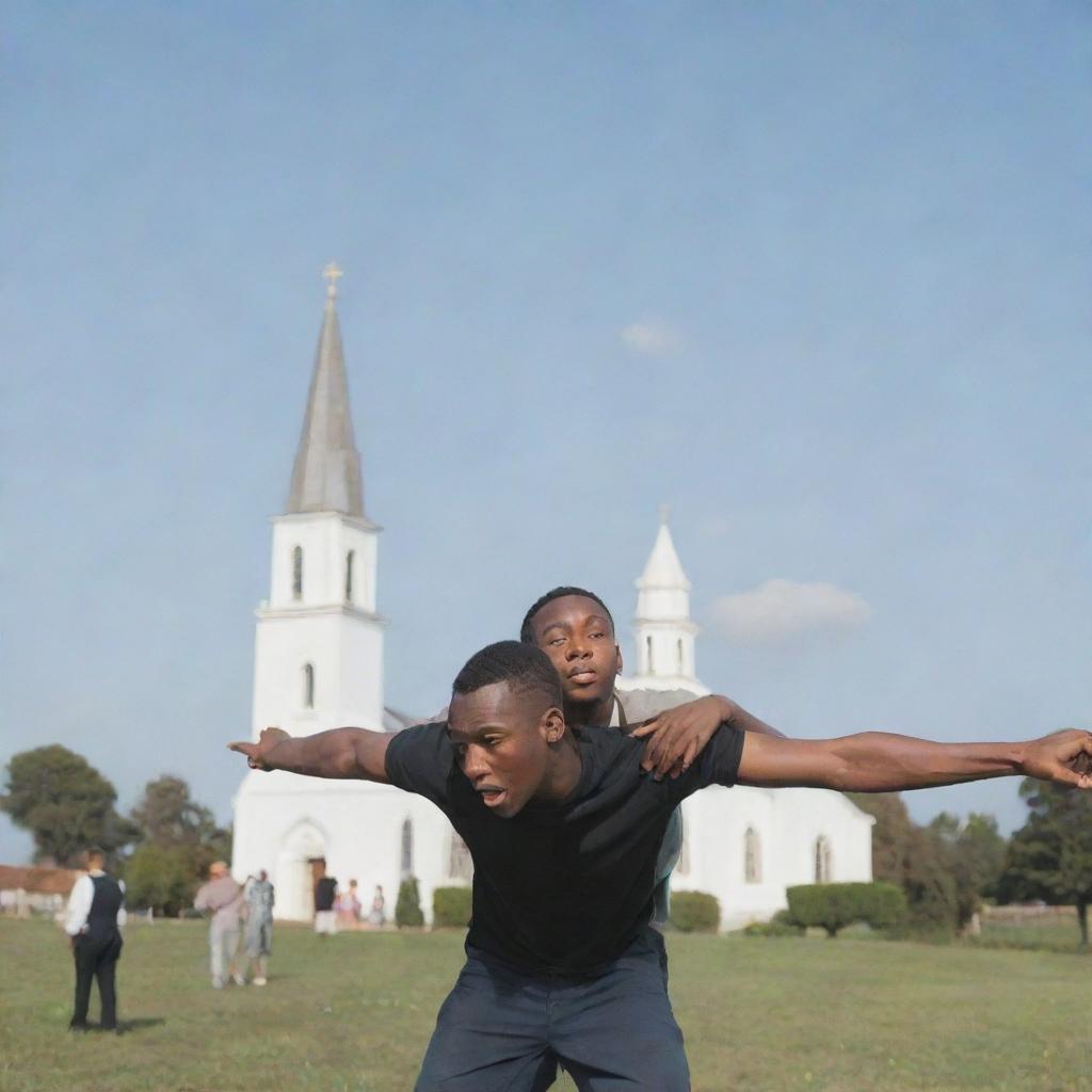 A young man being held up by another person, with a distant church providing a serene backdrop.