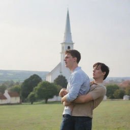 A young man being held up by another person, with a distant church providing a serene backdrop.