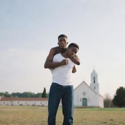 A young man being held up by another person, with a distant church providing a serene backdrop.