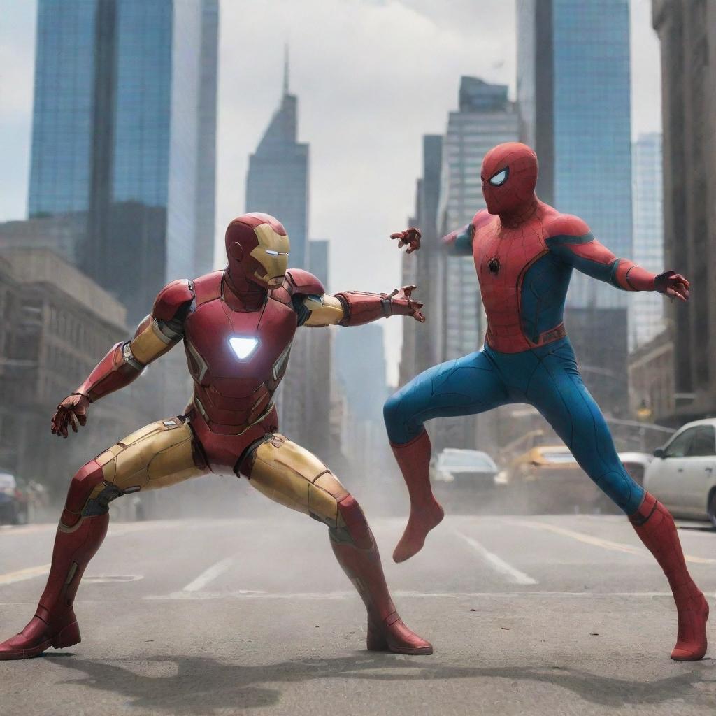 Iron Man and Spider-Man in dynamic combat positions in a cityscape during daytime