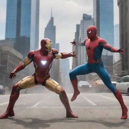 Iron Man and Spider-Man in dynamic combat positions in a cityscape during daytime