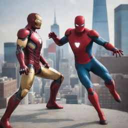 Iron Man and Spider-Man in dynamic combat positions in a cityscape during daytime