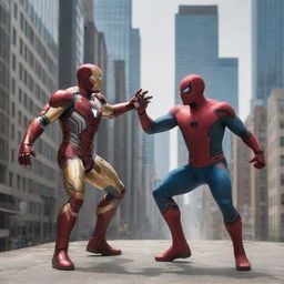 Iron Man and Spider-Man in dynamic combat positions in a cityscape during daytime