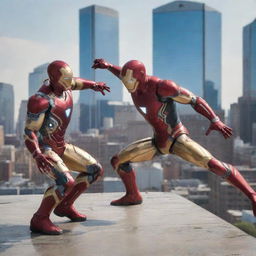 Iron Man and Spider-Man in dynamic combat positions in a cityscape during daytime