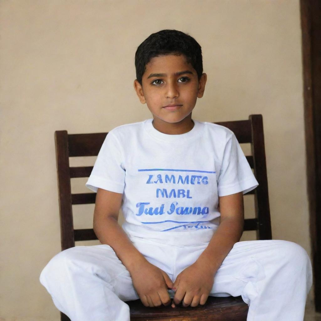 A regally dressed boy sitting on a chair with a T-shirt bearing the name 'Zaid Samo'.