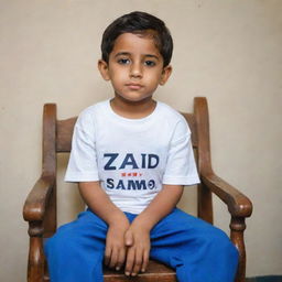 A regally dressed boy sitting on a chair with a T-shirt bearing the name 'Zaid Samo'.