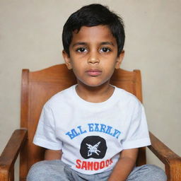 A regally dressed boy sitting on a chair with a T-shirt bearing the name 'Zaid Samo'.