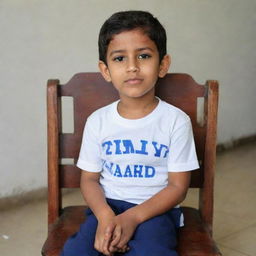 A regally dressed boy sitting on a chair with a T-shirt bearing the name 'Zaid Samo'.