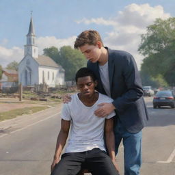 A digital realistic painting of an injured young man being supported by another person, with a distant church in the background.