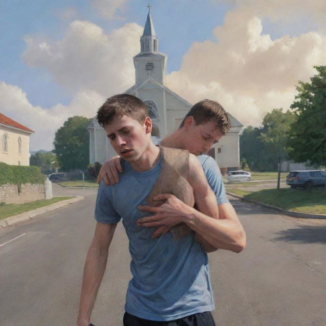 A digital realistic painting of an injured young man being supported by another person, with a distant church in the background.