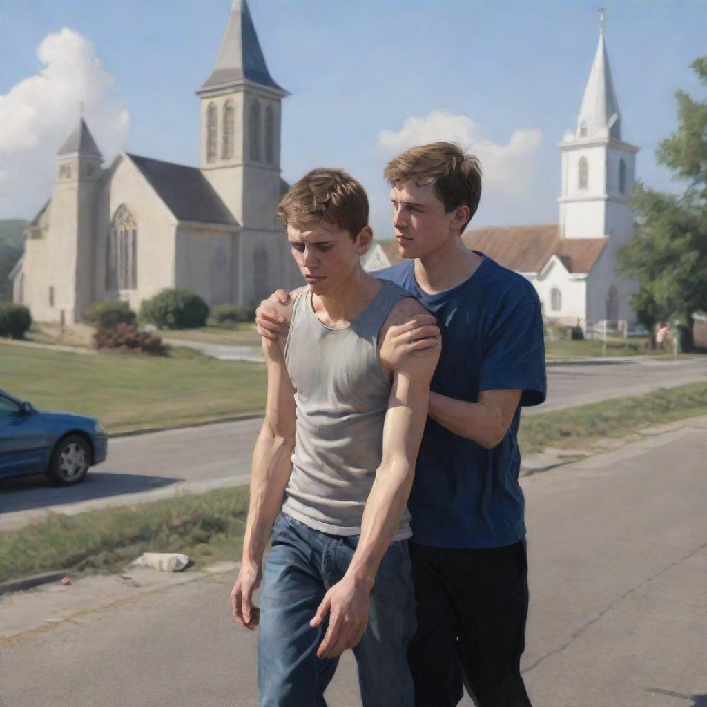 A digital realistic painting of an injured young man being supported by another person, with a distant church in the background.