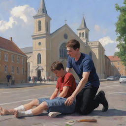 Digital painting of an injured young man being aided by another person, with a church far in the background.