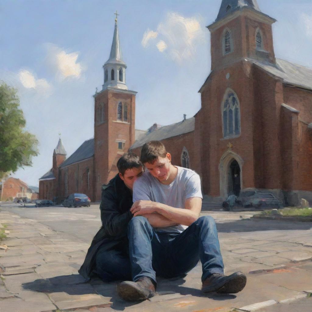 Digital painting of an injured young man being aided by another person, with a church far in the background.