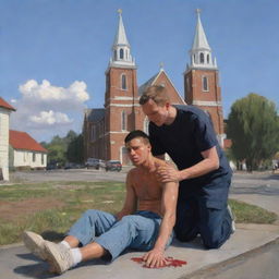 Digital painting of an injured young man being aided by another person, with a church far in the background.