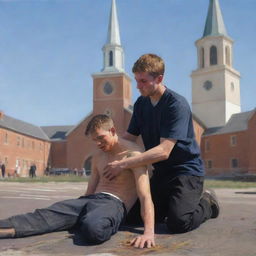 Digital painting of an injured young man being aided by another person, with a church far in the background.