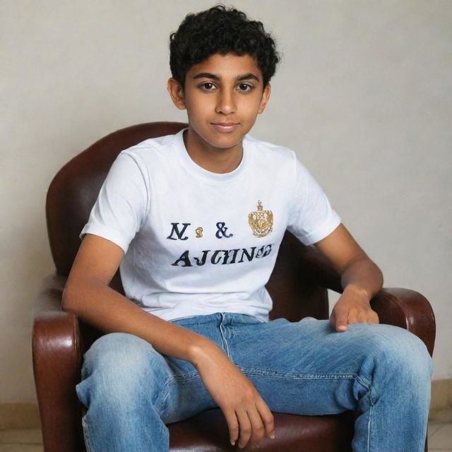 A teenage boy proudly seated on a regal, kingly chair. He is casually dressed in a T-shirt bearing the name 'Zaid Samo'.