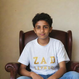 A teenage boy proudly seated on a regal, kingly chair. He is casually dressed in a T-shirt bearing the name 'Zaid Samo'.