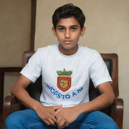 A teenage boy proudly seated on a regal, kingly chair. He is casually dressed in a T-shirt bearing the name 'Zaid Samo'.