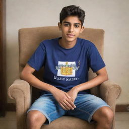 A teenage boy proudly seated on a regal, kingly chair. He is casually dressed in a T-shirt bearing the name 'Zaid Samo'.