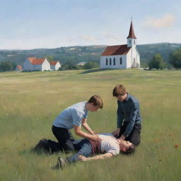 Digital painting of an injured young man being supported by another person in a nearby meadow, with a distant church in the background.