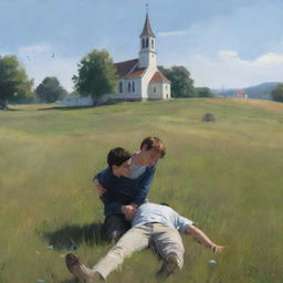 Digital painting of an injured young man being supported by another person in a nearby meadow, with a distant church in the background.