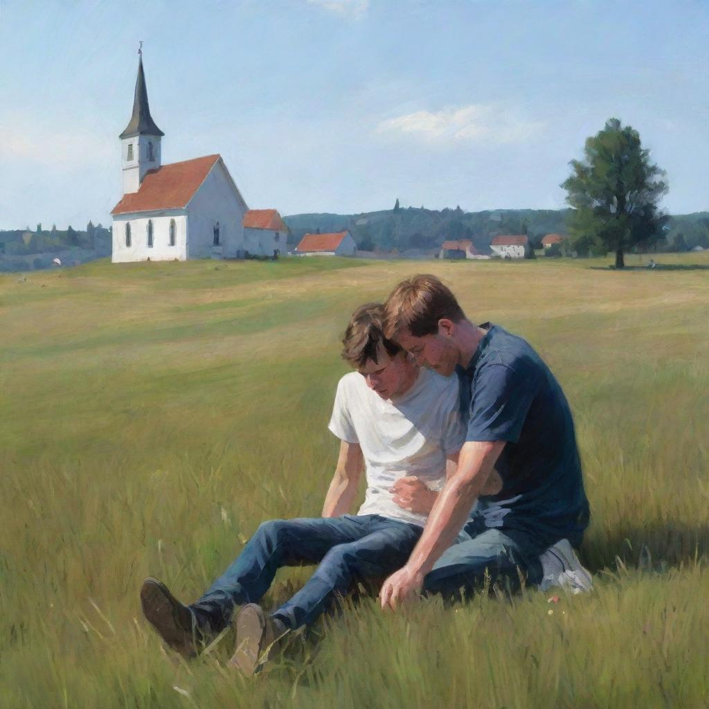 Digital painting of an injured young man being supported by another person in a nearby meadow, with a distant church in the background.