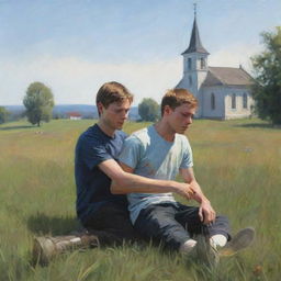 Digital painting of an injured young man being supported by another person in a nearby meadow, with a distant church in the background.