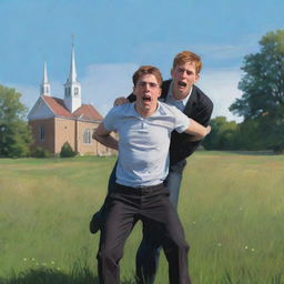 Digital vector painting of an injured young man being held up by another person in a meadow, with a church far in the background.