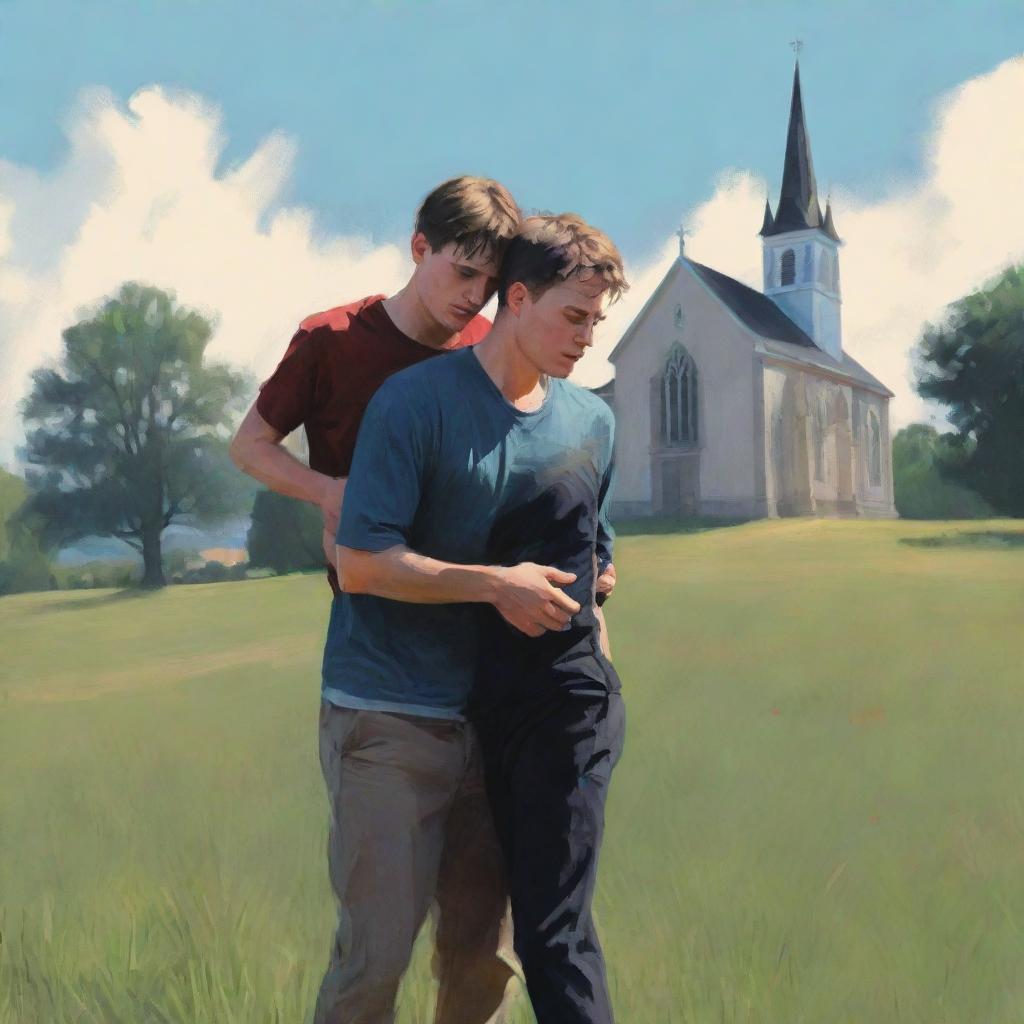 Digital vector painting of an injured young man being held up by another person in a meadow, with a church far in the background.