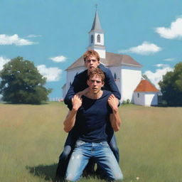 Digital vector painting of an injured young man being held up by another person in a meadow, with a church far in the background.