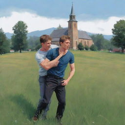 Digital vector painting of an injured young man being held up by another person in a meadow, with a church far in the background.