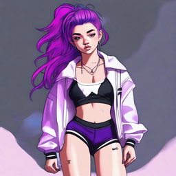 This is a high-quality digital art image of an 18-year-old woman with vibrant purple hair
