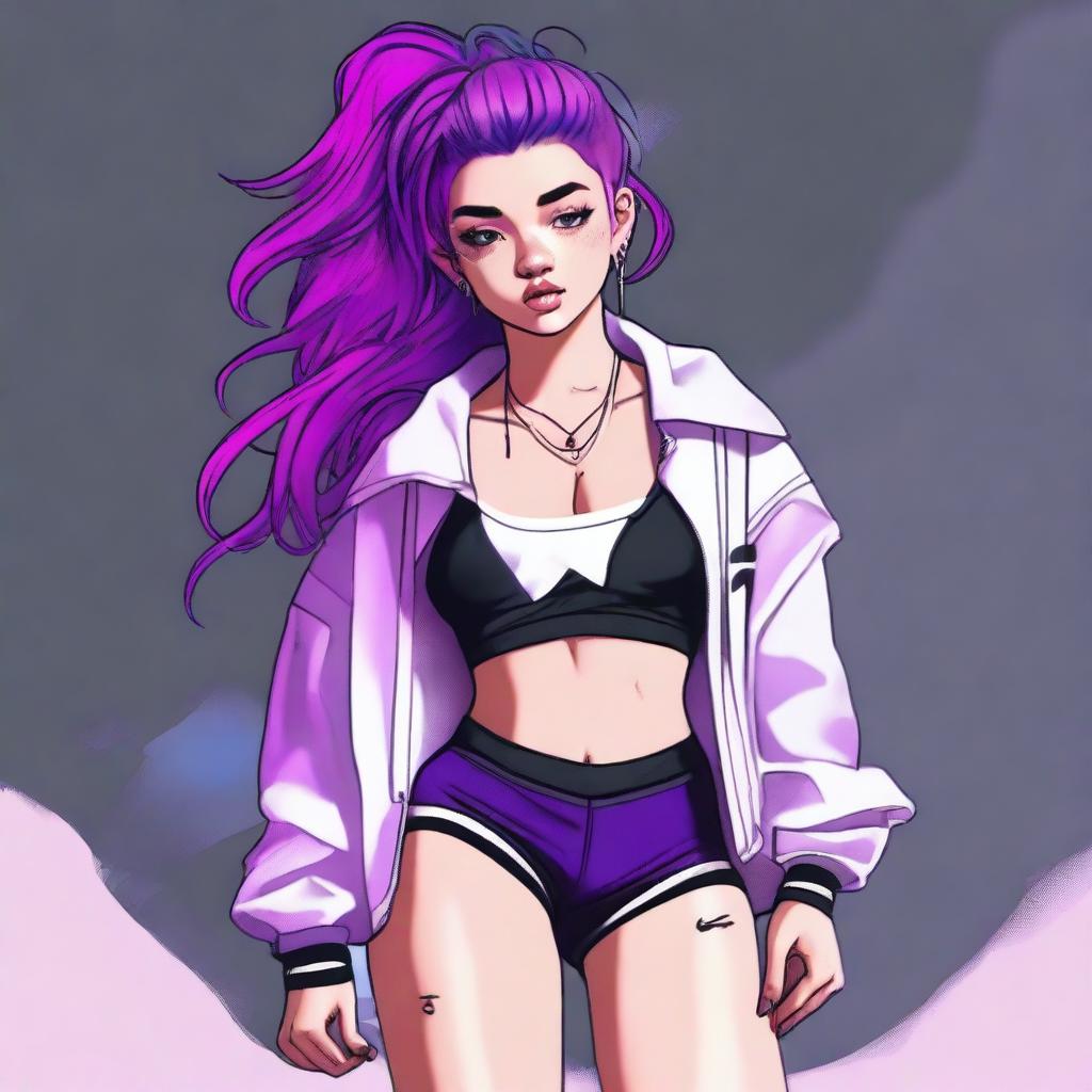 This is a high-quality digital art image of an 18-year-old woman with vibrant purple hair