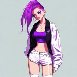 This is a high-quality digital art image of an 18-year-old woman with vibrant purple hair