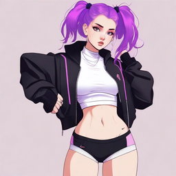 This is a high-quality digital art image of an 18-year-old woman with vibrant purple hair
