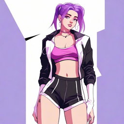 This is a high-quality digital art image of an 18-year-old woman with vibrant purple hair