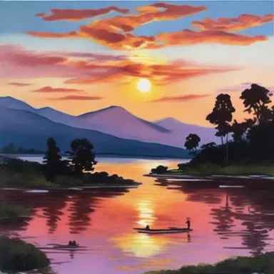 The painter used gouache to depict a picturesque sunset, creating a romantic and enchanting scene.