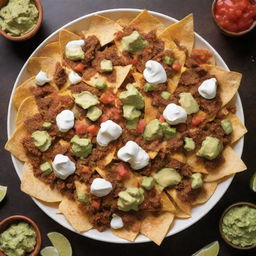 An irresistible platter of the world's most delicious nachos, heaped high with juicy, perfectly seasoned meat, melted cheese, fresh guacamole, zesty salsa, and sour cream.