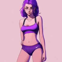 A high-resolution digital art image featuring an 18-year-old woman with striking purple hair