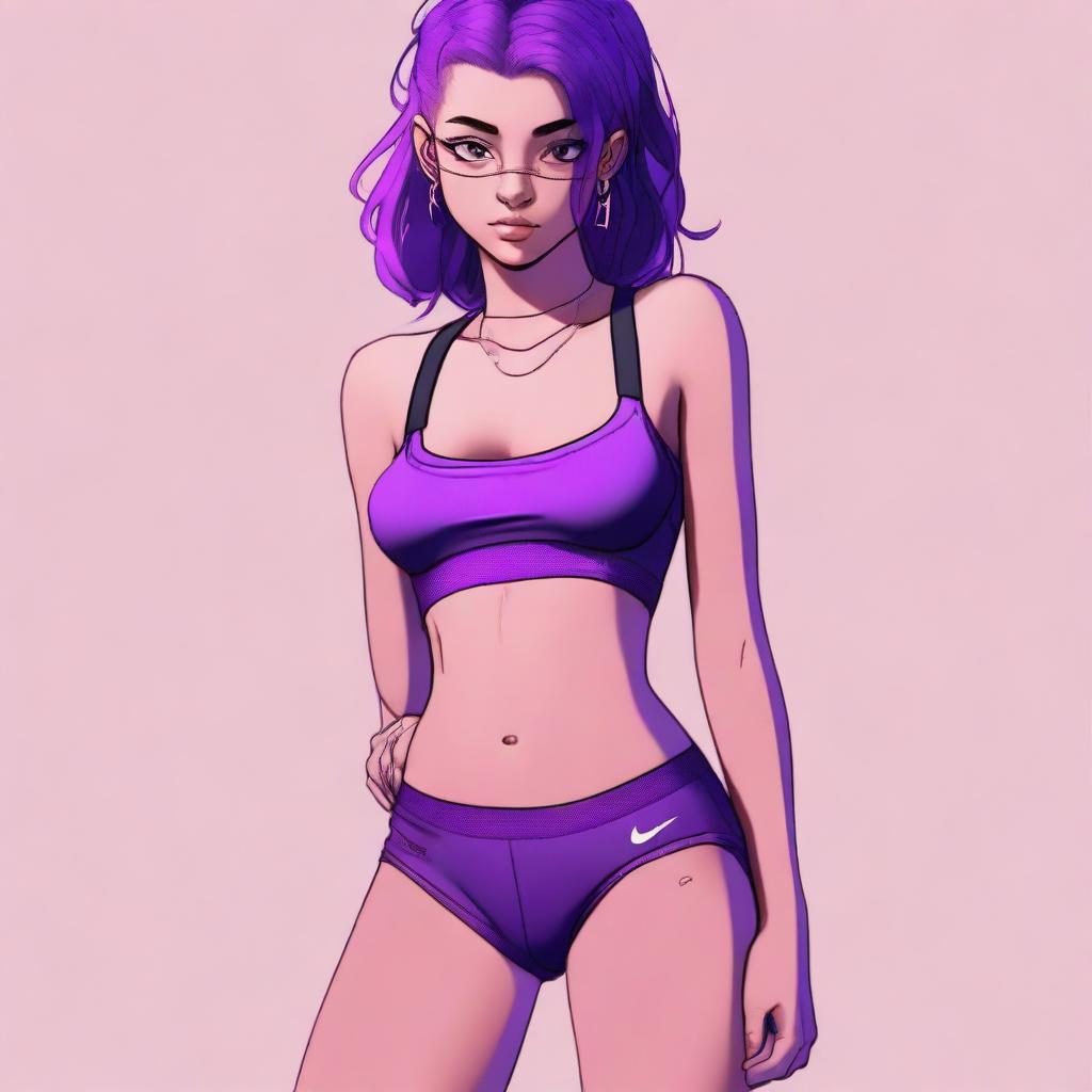 A high-resolution digital art image featuring an 18-year-old woman with striking purple hair