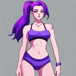 A high-resolution digital art image featuring an 18-year-old woman with striking purple hair
