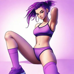 A high-resolution digital art image featuring an 18-year-old woman with striking purple hair