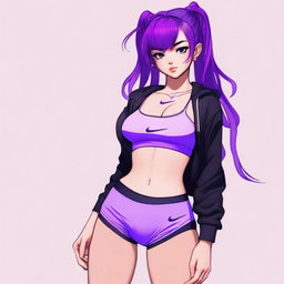 A high-resolution digital art image featuring an 18-year-old woman with striking purple hair