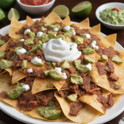 An irresistible platter of the world's most delicious nachos, heaped high with juicy, perfectly seasoned meat, melted cheese, fresh guacamole, zesty salsa, and sour cream.